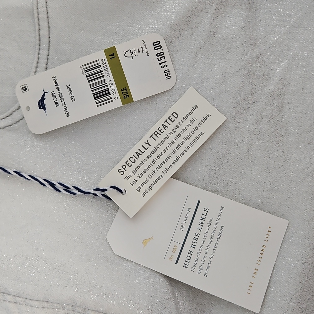 Tommy Bahama Metallic High Rise Ankle Denim: Metallic White/Silver: Size- 14 - Picture 4 of 15